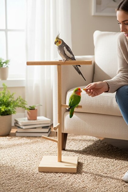 Bird Training Stand Wooden Play and Activity Stand with 4 Perches 61 cm
