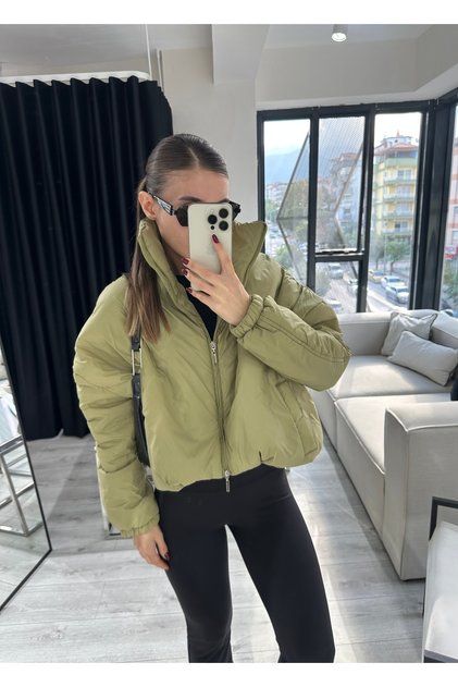 Dik Yaka Çift Fermuar Yeşil Mont