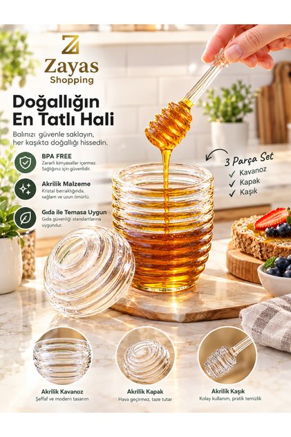 3-Piece Acrylic Honey Jar Set – Transparent Jar, Lid, and Honey Spoon