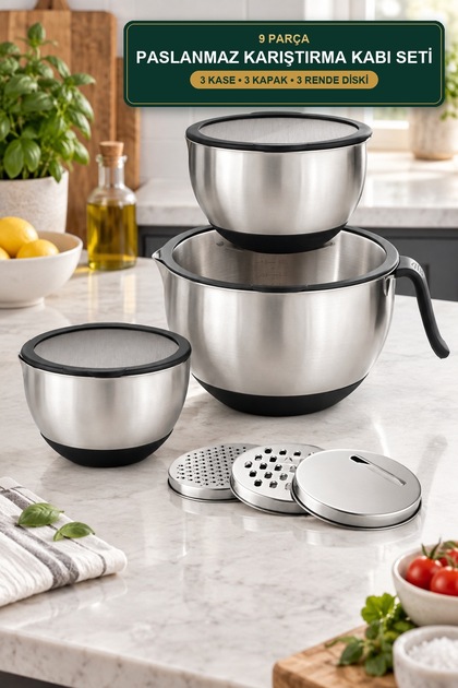 9 Piece Stainless Steel Mixing and Storage Container Set with Lids Grater Discs Non-Slip Base
