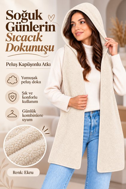 Selanik Model Women's Plush Welsoft Soft Textured Hooded Cold Windproof Scarf Hooded Shawl Stylish Design