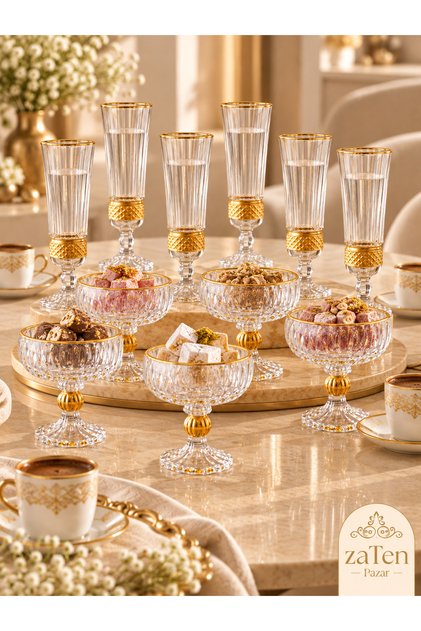 12 Parça Gold Yaldızlı Kahve Yanı Bardak ve Lokumluk Seti – 6 Uzun Bardak + 6 Ayaklı Lokumluk 135 ml/ 65 ml
