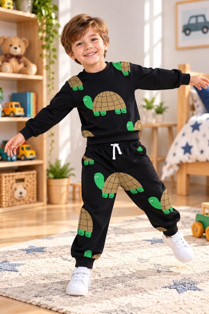 Ss Gi̇yi̇m Boys' Turtle Print 2-Piece Tracksuit Set – Sweatshirt and Jogger Pants