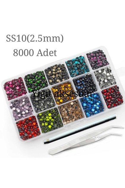 15 Colors 8,000 Pieces Hotfix Iron-On Adhesive Stones Ss10(2.5mm) Bedazzling Kit with Pen and Tweezers as a Gift
