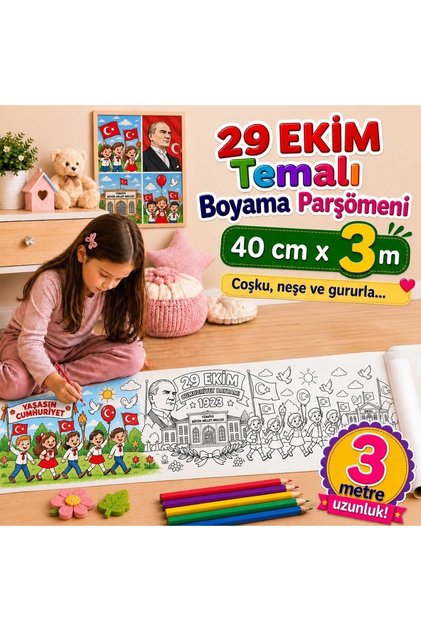 29 Ekim Cumhuriyet Bayramı Temalı Dev Boyama Sayfası 40 cm x 3 m – Okul Öncesi Boyama Etkinliği