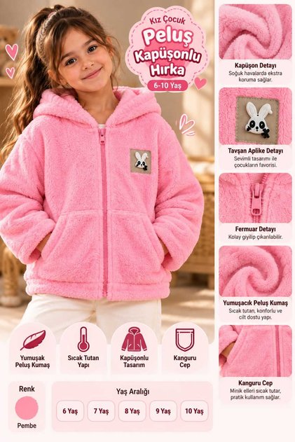 Kız Çocuk Peluş Kapüşonlu Fermuarlı Mont Pembe