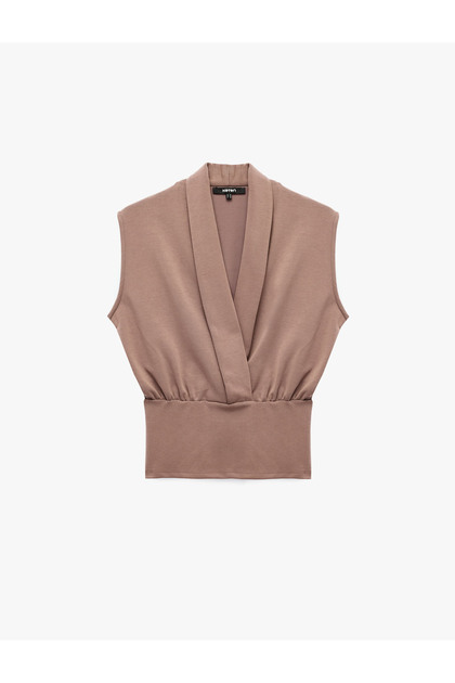 Modal Fabric Gathered Double Breasted Collar Sleeveless Blouse