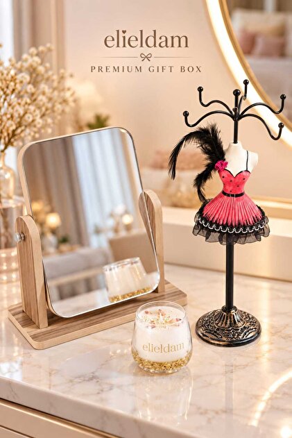 26 cm Takı Askılığı & Ahşap Ayna & Soya Mum Kadına Özel Hediye Seti