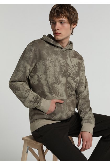 Regular Fit Hooded Printed Men's Green Sweatshirt