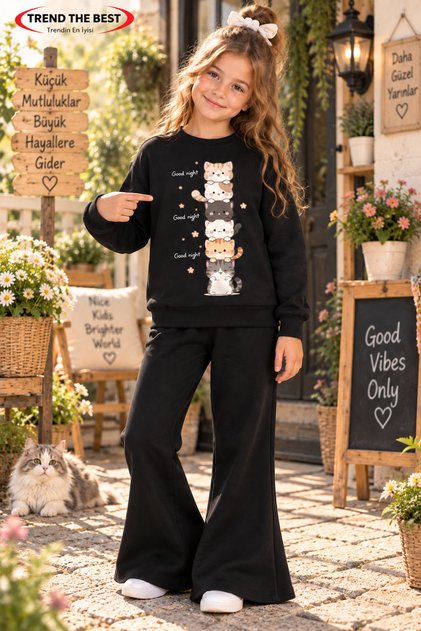 Winter, Spring, and Autumn Girls' Black Spanish Flared Bottoms and Black Sweat Top