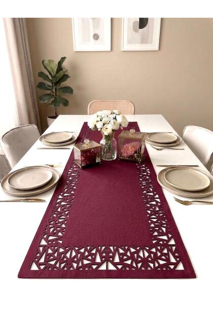 Burgundy Suede Fabric Runner 40X140 cm Table Length - Geometric Triangle Pattern
