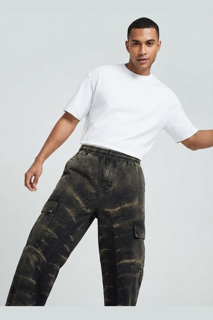 Men's Acid Wash Cargo Trousers - Grey