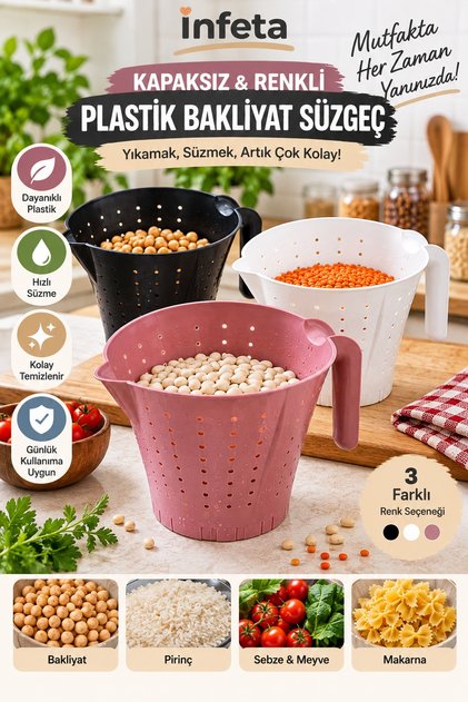 Plastic Handle Legume Strainer Without Lid Perforated Rice Lentil Chickpea Washing Strainer