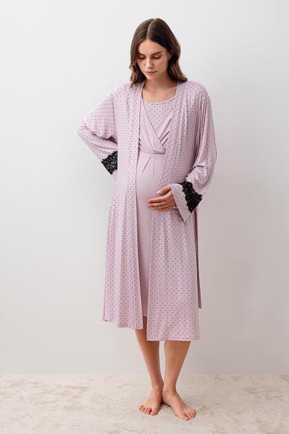 Polka Dot Long Sleeve Short Lycra Viscose Maternity Dressing Gown Nightgown Set