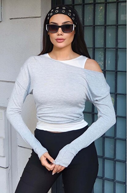 Double-Looked Strap Detail Off-Shoulder Blouse — Blue