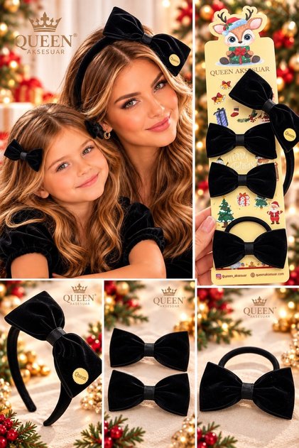 4-Piece Luxury Velvet Bow Special Design Comb Elastic Crown Hairpin Women's Children's Set Black