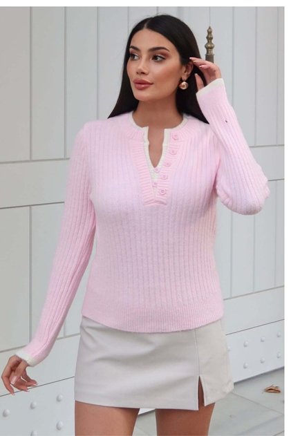 Ribbed Knitwear Buttoned Contrast Trim Sweater - Pink