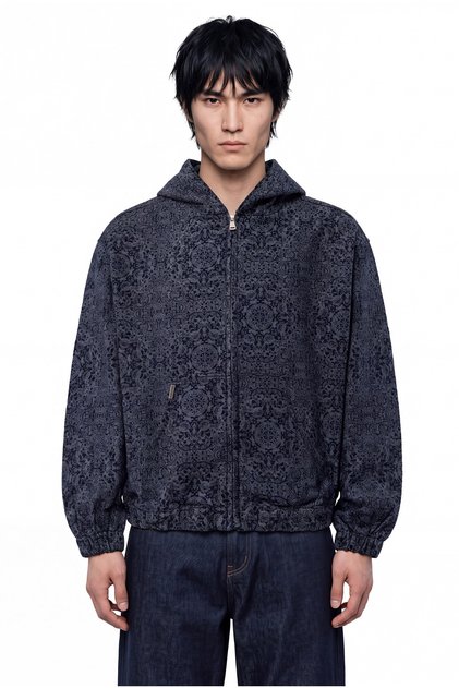 Men's Patterned Hooded Jean Jacket Blue Paisley