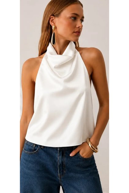 Şık Degaje Yaka Saten Halter Bluz