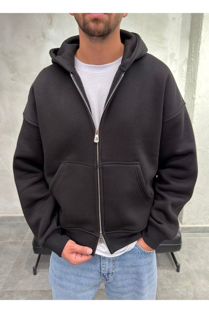 Double Zipper Hooded Oversize Black Zipper Sweatshirt