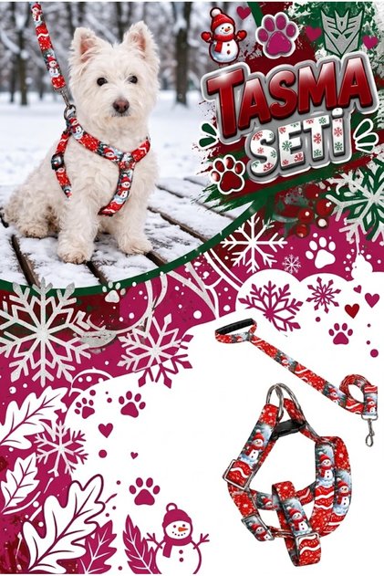 YILBAŞI NOEL SERİSİ KÖPEK GÖĞÜS TASMASI VE GEZDİRME KAYIŞI SETİ
