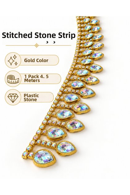 Gold Planting Stone Strip 4.5 Meters – Iridescent Drop Stone Crystal Look Decoration Strip, Evening Dress Collar Belt and Textile Accessory
