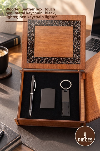 5-Piece Wooden Boxed Black Pen Keychain and Matte Lighter Set – Wooden Leather Case, Touch Pen, Metal Keychain, Black Lighter, Pen Keychain Lighter