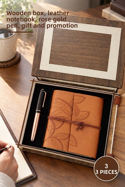 3-Piece Set with Special Wooden Box: Tan Leather Notebook and Copper Rollerball Pen – Wooden Box, Leather Notebook, Copper Pen, Gift and Promotion