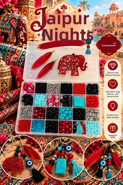 Jaipur Nights – 24 Compartment Keychain Making Kit | Elephant Figured, Beaded and Tasseled Design Set 🐘 ✨ ❤️ 🩵