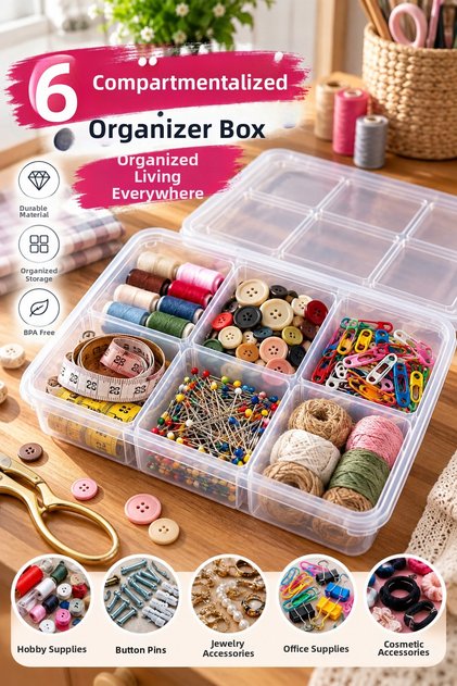 6-Compartment Plastic Organizer Box – Jewelry, Makeup, Accessories, and Drawer Organizer
