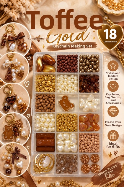 Toffee Gold – 18 Compartment Keychain Making Set |   Beads, Figure and Accessory Design Set 🤎 ✨