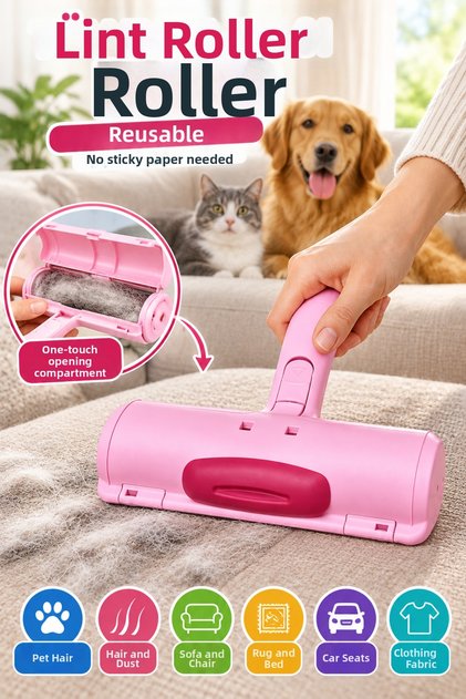 Pink Reusable Lint Roller with Container for Cat and Dog Hair, Sofa Cleaning Tool