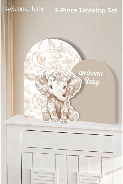 Safari Elephant Coffee-Beige Welcome Baby 3-Piece Tabletop Standing Board Set