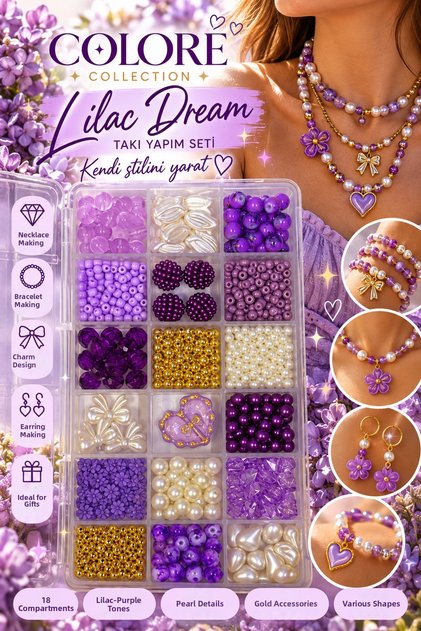 💜   By Mo Coloré Collection Lilac Dream – Lilac Purple Pearl & Gold Detailed 18 Compartment Jewelry Making Hobby Set