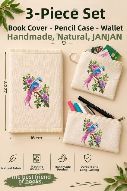 3-Piece Natural Fabric Book Cover Set, (Book Cover-Pen Holder-Wallet), Washable Book Cover, Book Protector, (Open Size 32X22Cm) (Closed Size 16X22Cm) Book Protective Bag, Book Sleeve, Gift for Book Lovers