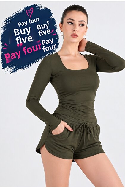 Women's Square Collar Long Sleeve Dark Khaki Color Body-Bluse