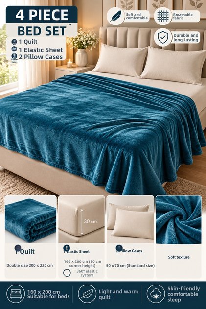 Double Size Super Soft Blanket Bedspread Set 200X220 cm – 160X200 cm Elastic Fitted Sheet and 2 Pillowcases 4 Pieces
