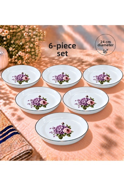 Enamel Custard Plate Patterned 24 cm Dinner Breakfast Plate Salad Food Plate Bowl Set of 6