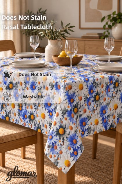 Stain-Resistant, Worry-Free Tablecloth Raschel Fabric Blue Daisy Kitchen Table Balcony Table