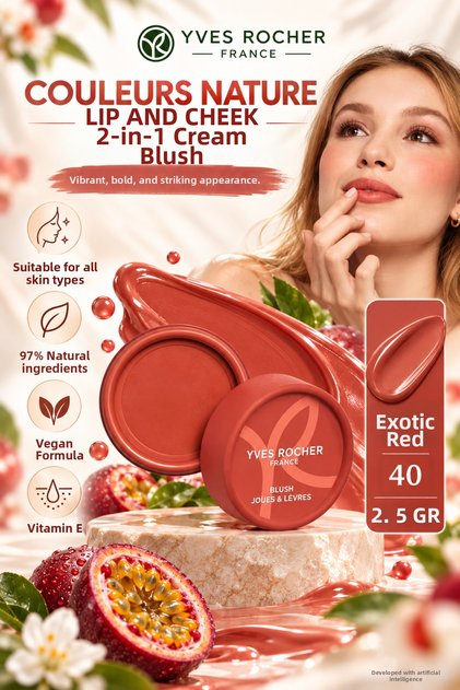 Vitamin E Cream Blush for Lips and Cheeks - Natural Finish 2-in-1 Colorant Exotic Red