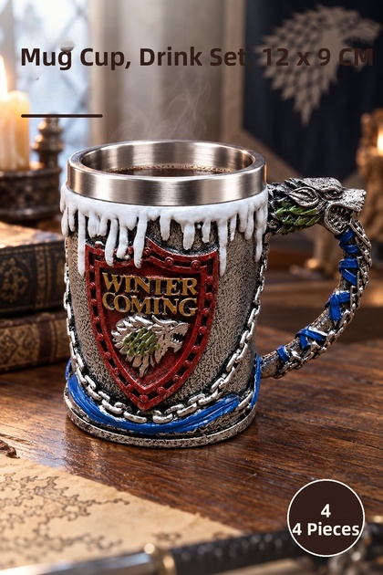 4 Pieces of Game of Thrones Designed 3D Stainless Steel Mugs – Mug Cup, Beverage Service, 12 X 9 cm