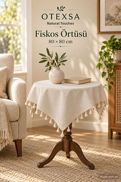 Tasseled Fiskos Tablecloth 80 X 80 cm Square Plain Textured Decorative Tablecloth