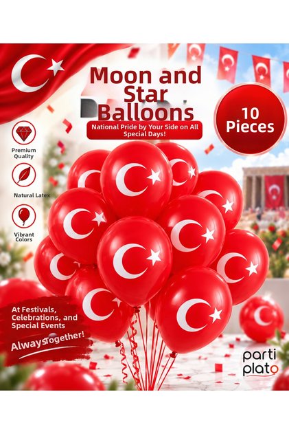 Red and White Moon and Star Printed Balloons (Pack of 10) - Elevate National Excitement to New Heights!