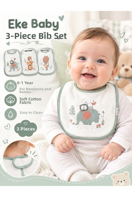 Green 3-Piece Patterned Sleeveless Cotton Washable Baby Food and Drool Bib (0-1 Year Old Newborn)