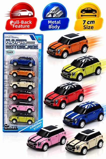 Set of 6 Mini Cooper Model Metal Body Toy Cars Pull and Drop 7 cm