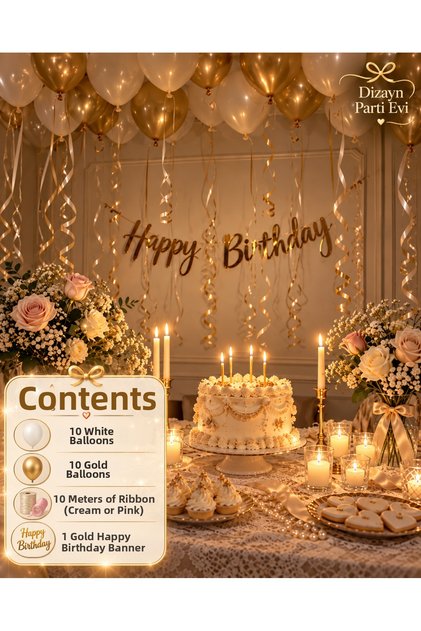 10 White 10 Gold Balloons + 10 Meter Ribbon + Gold Happy Birthday Banner Birthday Decoration Set