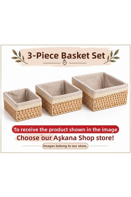 3-Piece Rectangular Wicker Basket Set with Fabric Lace Decorative Organizer Multi-Purpose Bathroom Kitchen Organizer