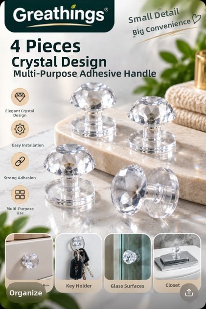 4 Pieces Transparent Crystal Adhesive Handle Button Cabinet Drawer Toilet Seat Handle 20 mm