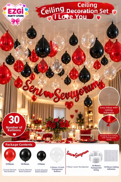 Romantic Celebration Concept Red Black Ceiling Balloon Decoration Set Special Party Celebration Decoration for Lovers
