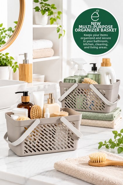Naya 2-Piece Multi-Purpose Organizer Basket Set – Bathroom, Kitchen, and Cleaning Organizer Basket with Handles